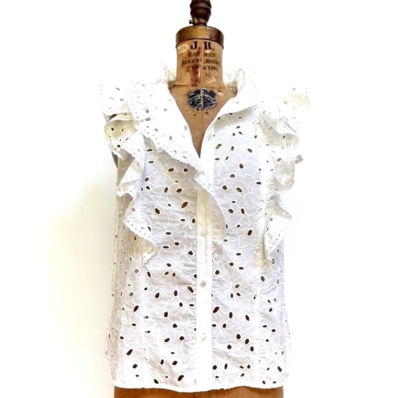 Sezane White Chiara Eyelet Ruffled Cotton Blouse Sz XS / US2 / FR34 - Picture 9 of 11